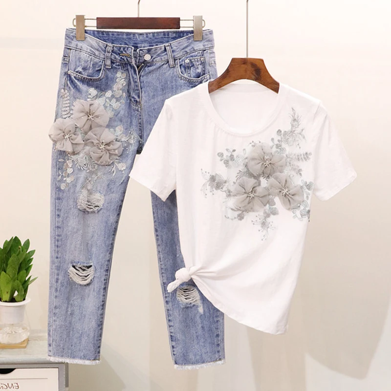 2019 جديد يزين التطريز بلايز + ثقوب الجينز السراويل ازياء الدعاوى النساء 3D زهرة تي شيرت الجينز مجموعات RE2477 2019 جديد يزين التطريز بلايز + ثقوب الجينز السراويل ازياء الدعاوى النساء 3D زهرة تي شيرت الجينز مجموعات RE2477