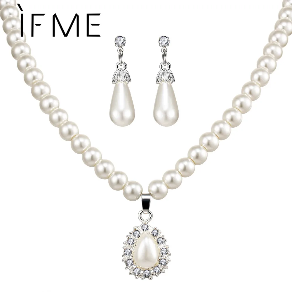 

IF ME 2018 Crystal Water Drops White Mock Pearl Bridal Wedding Jewelry Sets For Woman Pendant Earrings Geometric Necklaces Gifts