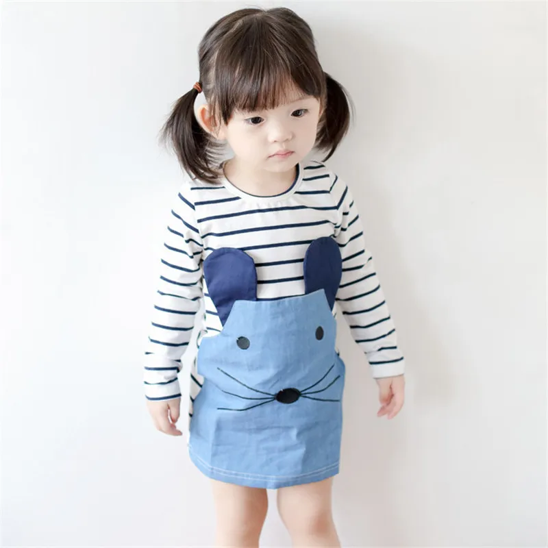 

2017 Spring Summer Girl Dress Children Girls's Clothing Set Spring Long Sleeve Party Striped White Blue Princess Dress