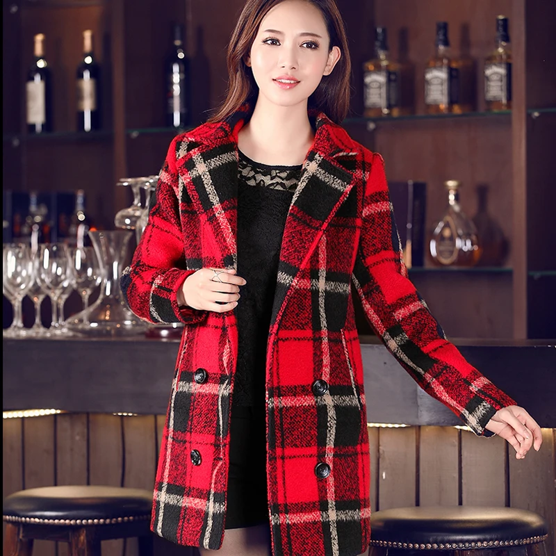 Женское клетчатое пальто, осенне-зимнее длинное женское пальто с отложным воротником, шерстяное теплое тонкое пальто, женская одежда