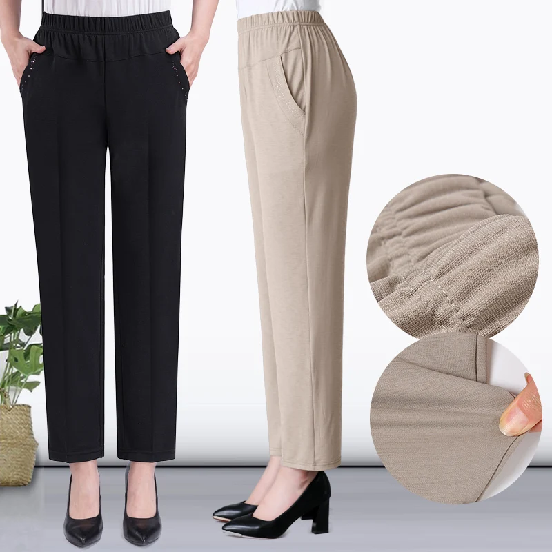 Женские весенне-летние брюки среднего возраста с эластичной резинкой на талии, свободные хлопковые Длинные повседневные брюки для мамы размера плюс XL-5XL, W871