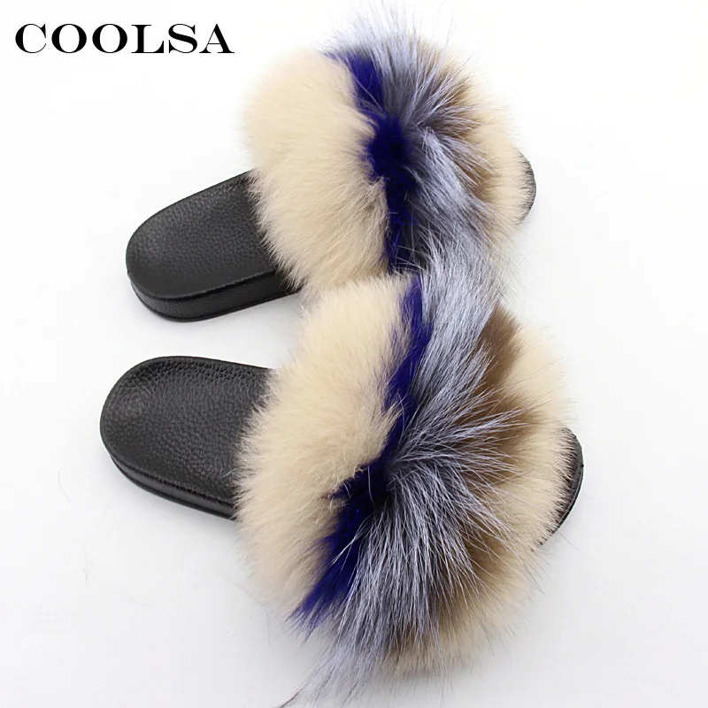 

Coolsa Women Real Fox Fur Slippers Fluffy Mixed Colors Fur Slides PU Sandals With Fur Female Rubber House Flip Flops Plush Shoes