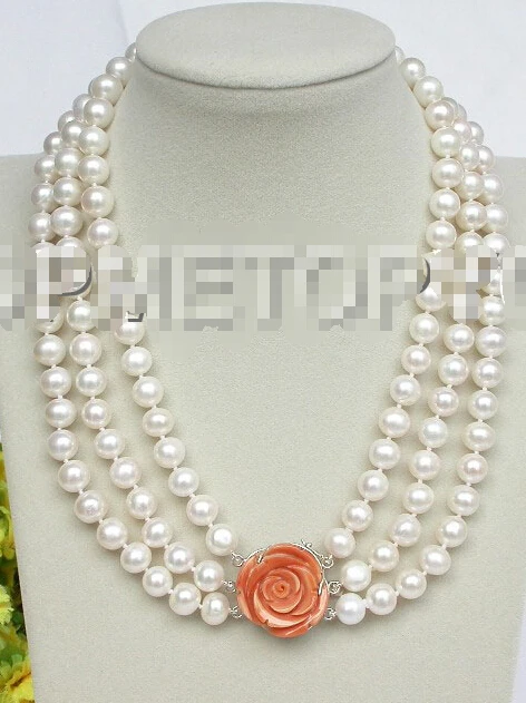 

Excellent 17" 10mm 3row round white pearls necklace 925 silver coral clasp E1567^