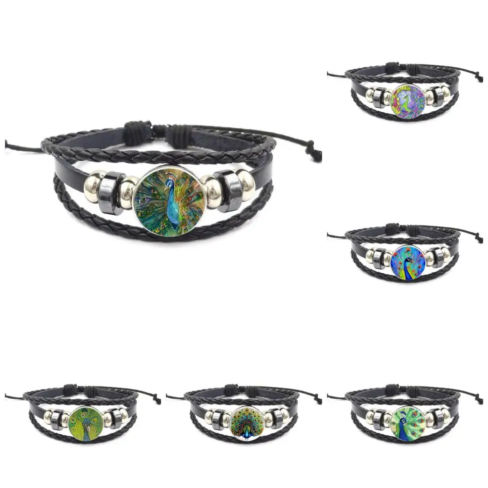 For Women Kids Gift Cheap Fashion Jewelry Black Leather Bracelet Bangle Glass Cabochon Cartoon Peacock | Украшения и аксессуары