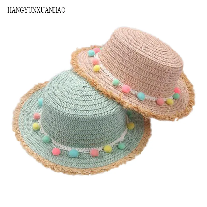 Новая детская летняя Панама от солнца Шапки Красочные кисточки-Помпоны соломенная шляпа для детей, девочек широкие пляжный навес Кепки с