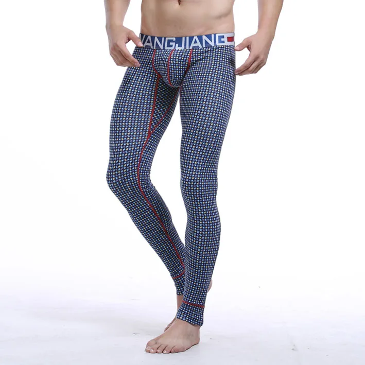 Men Sexy Plaid Cotton Penis Pouch Lounge Pant Long Johns -3422