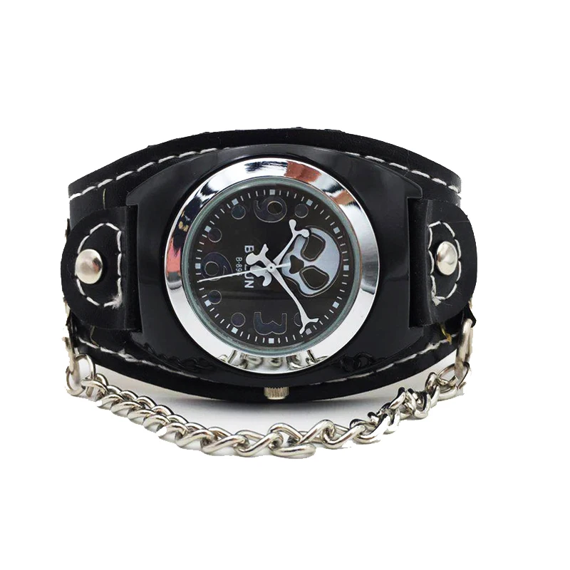 retro punk watch men cool mens quartz watches black leather strap chain skull dial wristwatches for men drop shipping (2)