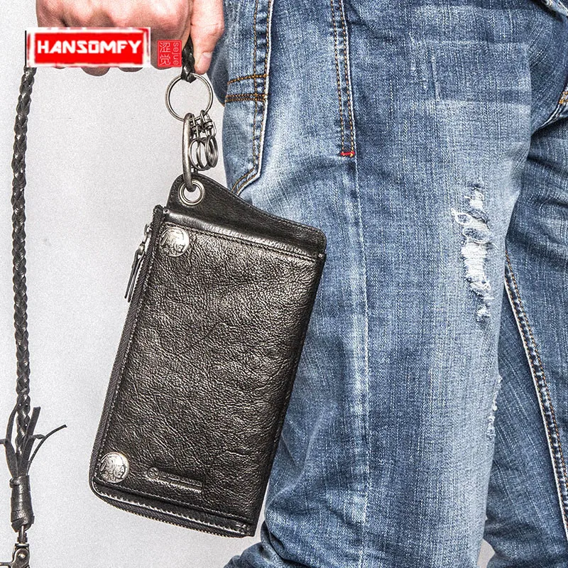 genuine-leather-men's-wallet-long-section-multi-card-bit-wallet-purse-zipper-wallet-security-chain-mobile-phone-bag-punk-design