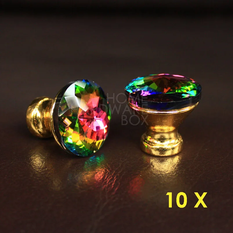 30mm crystal drawer knobs pull handle glass diamond multi rainbow color golden base 10