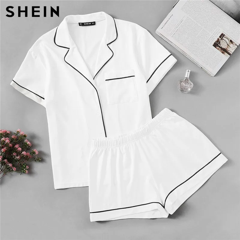 

SHEIN White Contrast Piping Pocket Front Shirt And Shorts Pijama Women Plain Button Short Sleeve Casual 2019 Nightwear