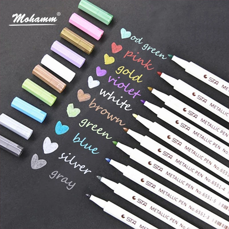 

10 Colors STA Metallic Markers Pens Fine Tip Metal Art Paint Marker for Gift Card Making DIY Photo Black Paper Loose Packaging
