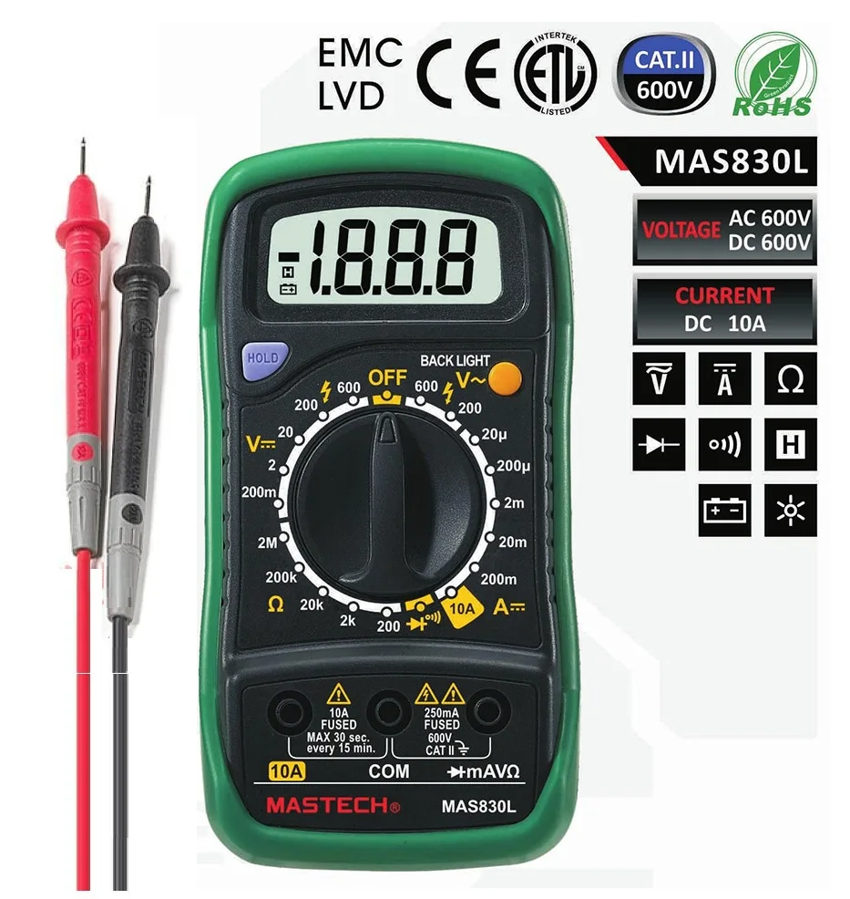 

Mastech MAS830L Mini Handheld LCD Display Multimeter DC Current Tester Backlight Data Hold Continuity Diode hFE Test