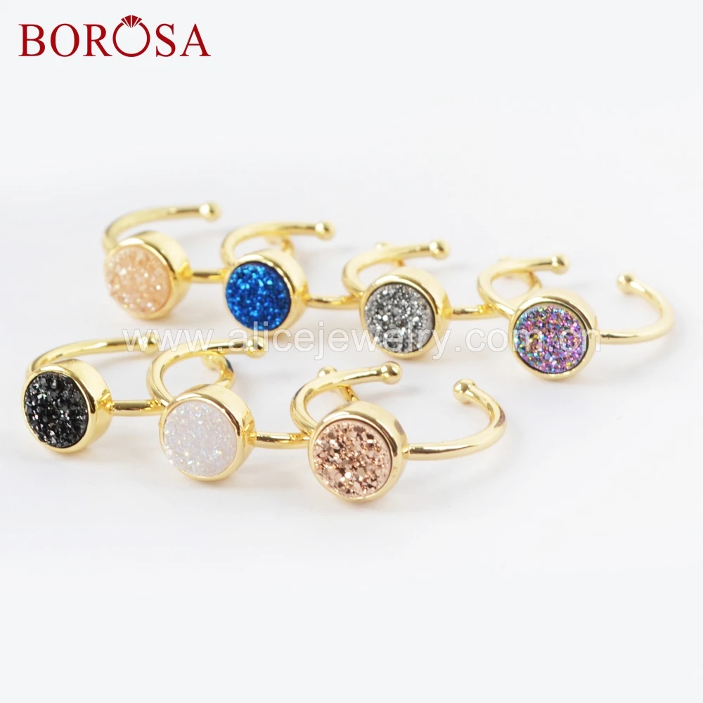 

BOROSA 10PCS 9mm Round Gold Plating Natural Agates Druzy Titanium Rainbow Ring Size 6.2 Open Drusy Party Rings for Women ZG0361