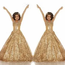 Блестящие золотые пышные платья с лямкой на шее для девочек, платья с открытой спиной и сверкающими цветами для девочек, пышное платье для девочек, украшенное бисером и кристаллами