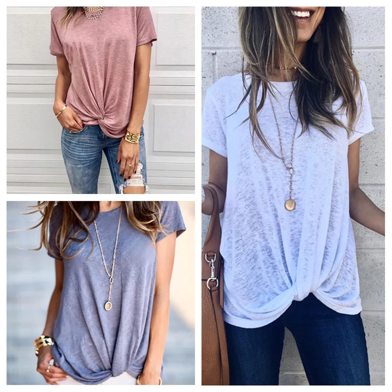 

New 2019 Tshirts Women O Neck Front Knot Casual Irregular Tee Shirt T-shirt Female Basic Short Sleeve Summer T Shirt Tops Blusas