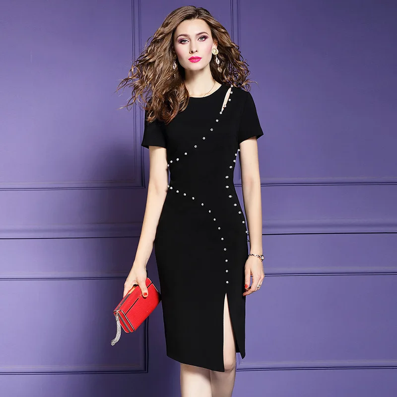 

Office Lady Pencil dress 3xl 2019 new Women Beading OL Occupation Party Dress Plus Size Knee length ladies summer dresses yellow