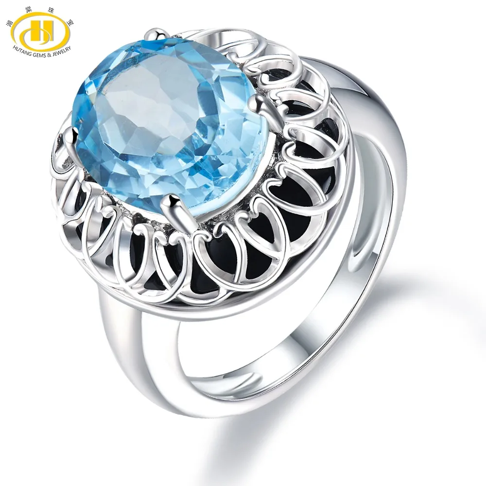 

Hutang Cocktail Wedding Ring Genuine Stone Sky Blue Topaz Black Agate Real 925 Sterling Silver Gemstone Fine Fashion Jewelry New