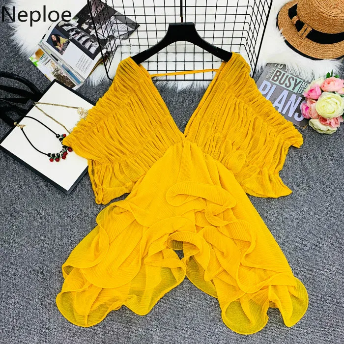 

Neploe Korean V-neck Chiffon Shirt Summer 2019 New Bat Sleeve Pleated Blouse Irregular Ruffles Sunscreen Shirts Outwear 53195