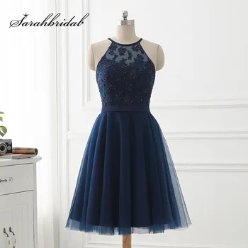 

Vintage Lace Short Homecoming Dresses Sexy Backless Navy Blue Tulle Sequins Cheap Cocktail Prom Gowns A Line SD430