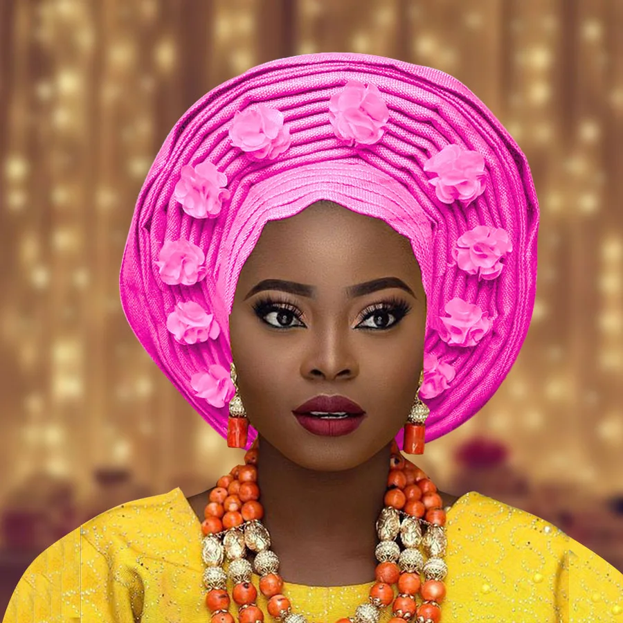 Африканский aso oke Авто геле для женщин с цветком нигерийский aso ebi головной убор для свадьбы