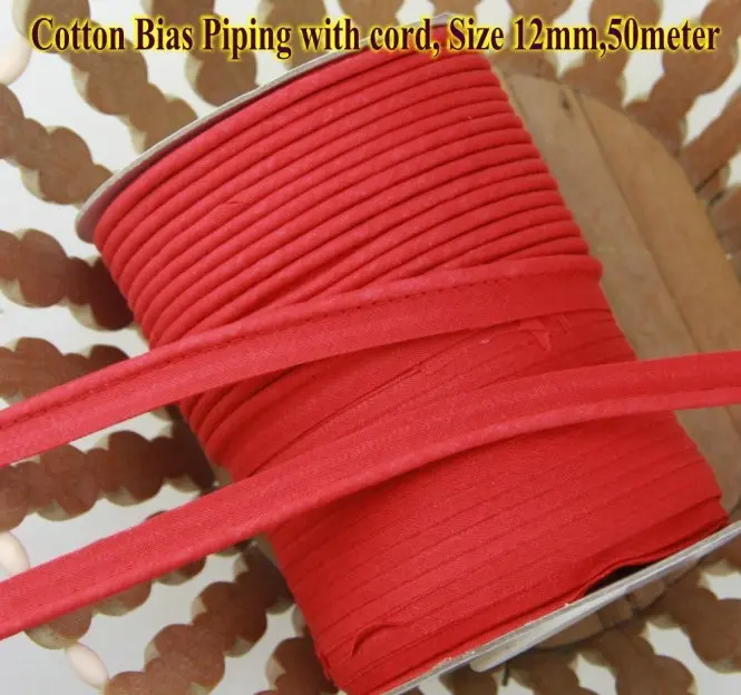 

Free shipping--100% Cotton Bias Piping, Piping tape,bias Tape with cord,size:12mm, 50m,for DIY sewing textile bed linings Red