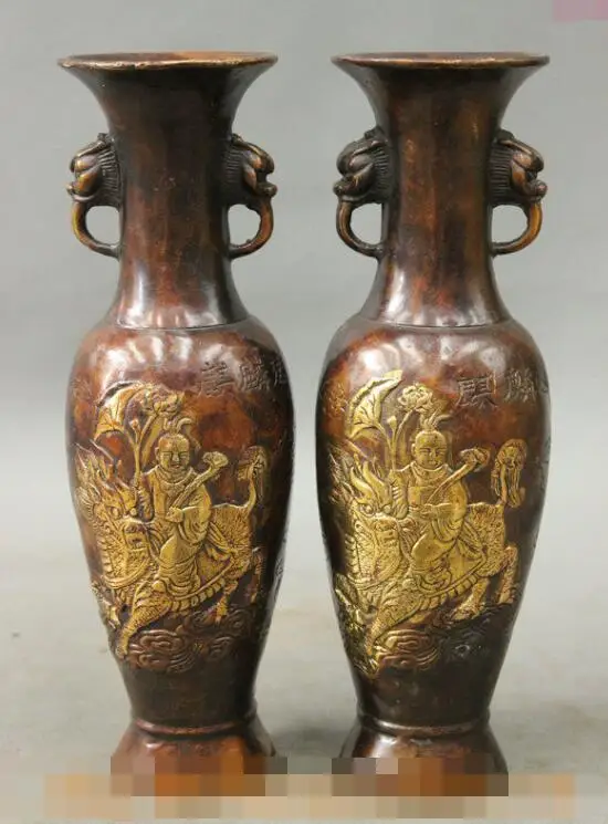 

S7006 9" Chinese Bronze Gilt Kid Child Ride Dragon Kylin Statue Bottle Vase Pot Pair D0318