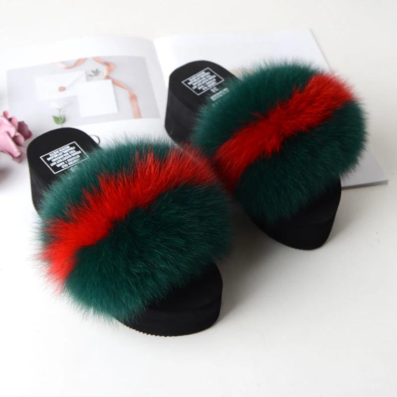 

Fur Slippers Women Real Fox Fur Slides Home Furry high Sandals Female Cute Fluffy House Shoes Woman Brand Luxury 2019