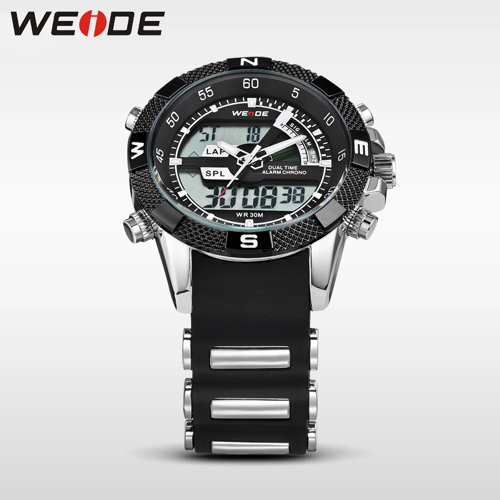 2013 Brand New WEIDE men LED Luminous analog digit dual time display Date Week Alarm luxury brand sport watch unique design 3ATM