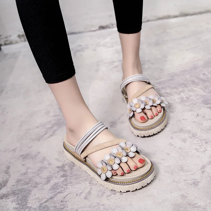2019 New Manual Flower Slippers Female Summer Fashion Thick Bottom Sandals Beach Shoes