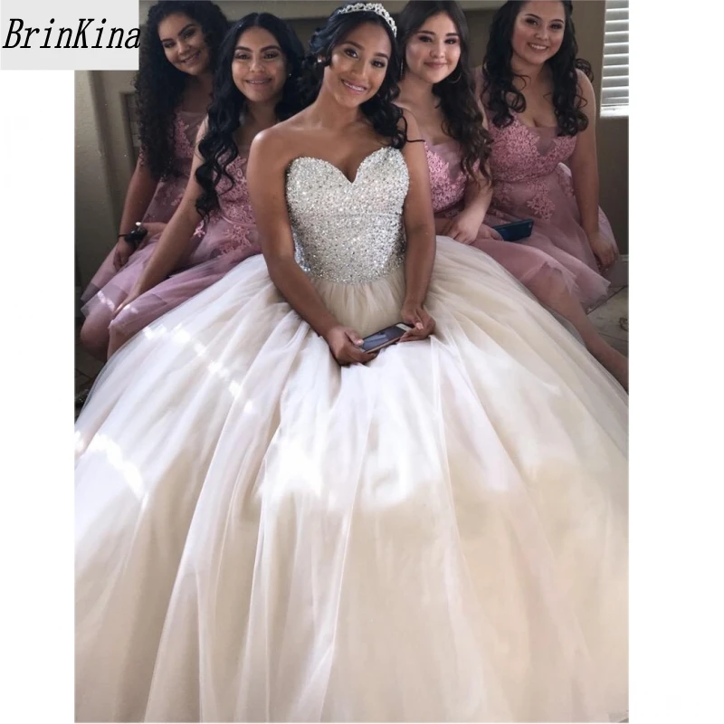 

Brinkina 2019 Ball Gown Sweetheart Crystals Beaded Puffy Tulle Quinceanera Dress Cute Party Gowns for Girls 16 Yearls Ball Dress