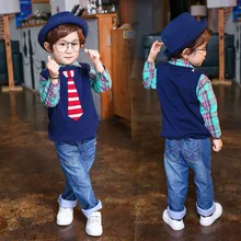 Spring Autumn Winter New Kids Korean Boys and Girls Classic Cartoon Tie Vest Kids Clothing Dark Blue Soft Wool