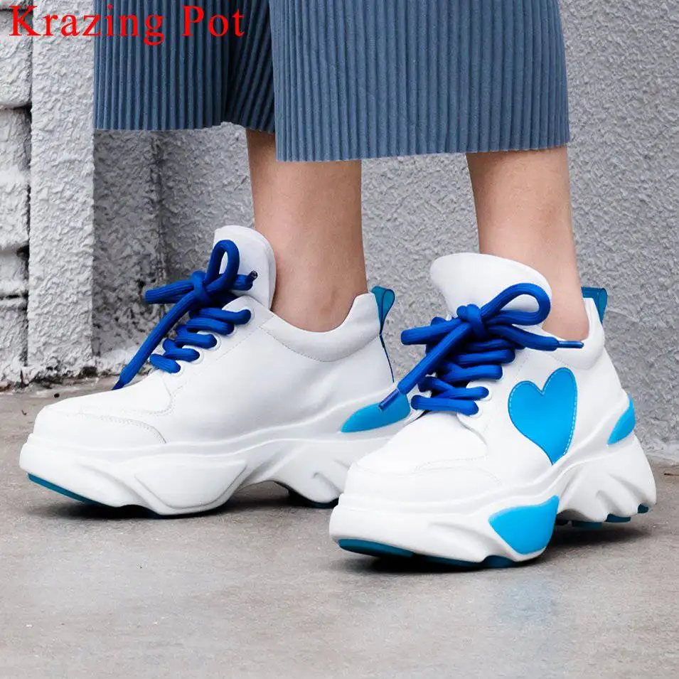

Krazing Pot mixed colors genuine leather thick bottom platform European designer lace up sneakers plus size vulcanized shoes L55