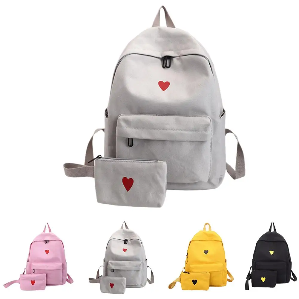 

2PCS Set Canvas Women Travel Backpack Love Heart Print Casual Fashion School Shoulder Hand bag Backpacks For Teenager Girls Bags