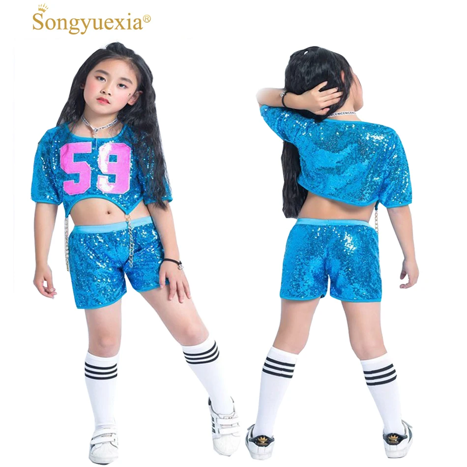 Songyuexia для девочек и мальчиков хип-хоп, Джаз костюмы Дети синий современном этапе Танцы одежда Street Танцы костюмы костюм