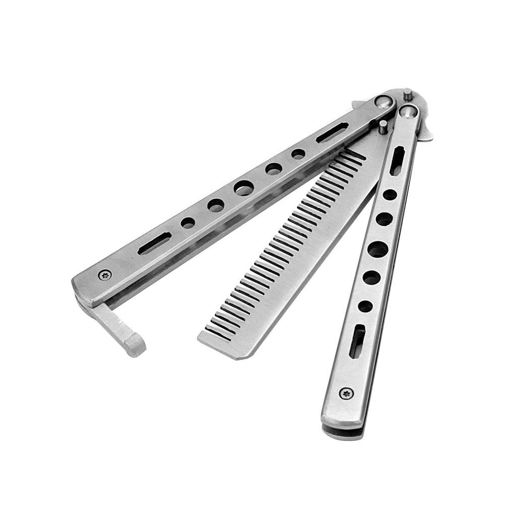 

Salon Stainless Steel Folding Practice Training Butterfly Style Knife Comb hairbrush Styling Tools Black/Silver Cool hair brush