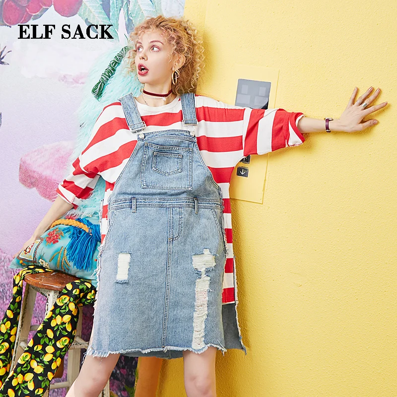 

ELF SACK 2019 Summer Dress Preppy Style Knee-Length Women O-Neck Cotton Dress Striped Patchwork Streetwear Ladies Denim Vestidos