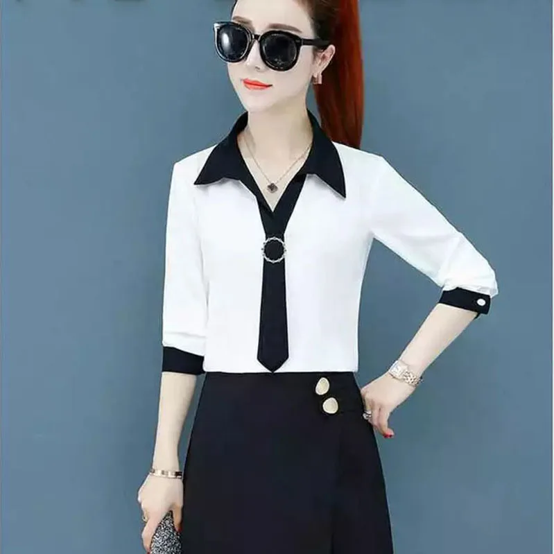 Для женщин рубашка Весенняя мода женские блузки Винтаж корейский офисная блузка Топы корректирующие плюс размеры Camisas Mujer DF2617