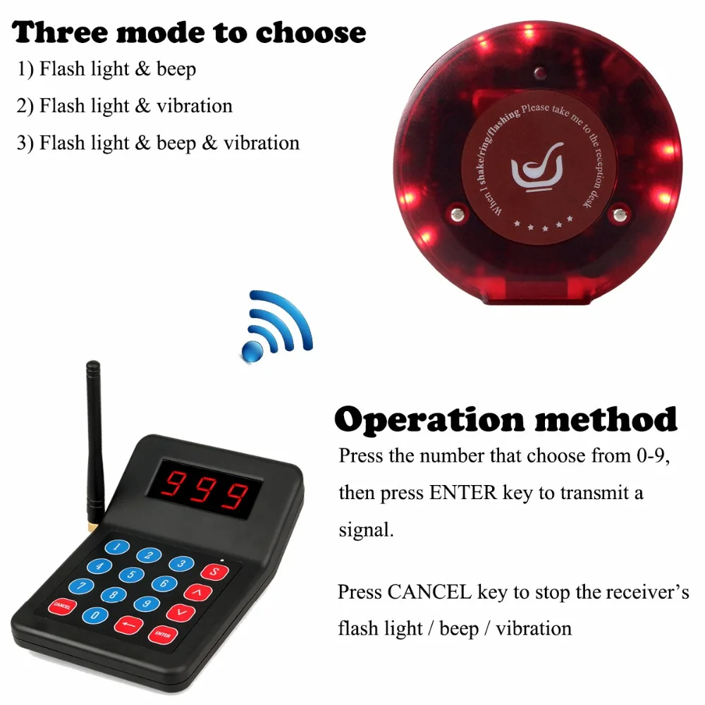 Restaurant-Wireless-Calling-System-Waiter-999-Channel-433-92MHz-10-Coaster-Pagers-1-Keypad-Transmitter-Pager (2)