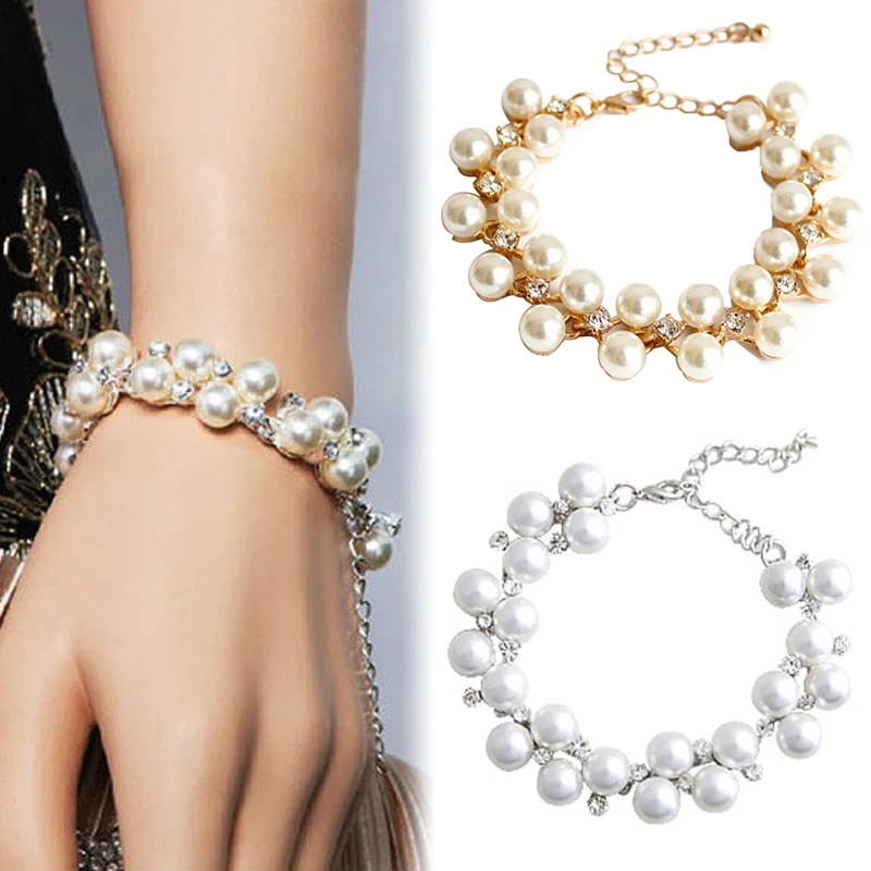 

Simulated Pearl Bracelets For Women Fashion Rhinestone Crystal Bangle Bracelet Wedding Jewelry Bride Boho Beaded Jewelry
