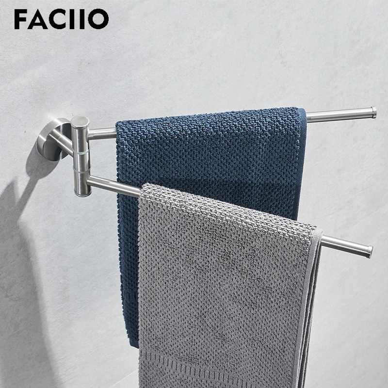 FACIIO-soporte de toalla de baño montado en la pared, barra de toalla doble de rotación de 180 grados, colgador de toalla de Metal de acero inoxidable plateado Simple