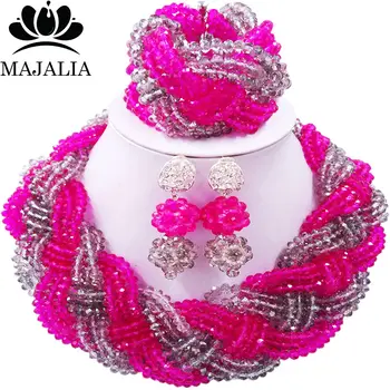 

Majalia African Fashion Women Jewelry Set Hot pink glear grey Nigerian Wedding Jewelry Beaded Sets 12CB0016