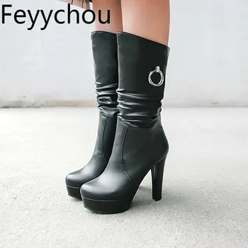 

Women Boots Autumn Winter Warm Super High Heel Pu Platform Slip on Round Toe 2018 New Sexy Fashion Mid-Calf Motorcycle Black