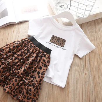 

2019 New Summer Item Girl Fashion Suit Including T-shirt+Leopad Skirt 2pcs Per Set
