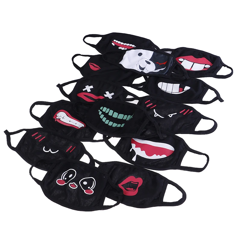 13 стилей, черные унисекс Мультяшные маски, черная хлопковая полумаска для лица, Смешные зубы, буквы, рот, аниме, хлопковая Пылезащитная маска для лица