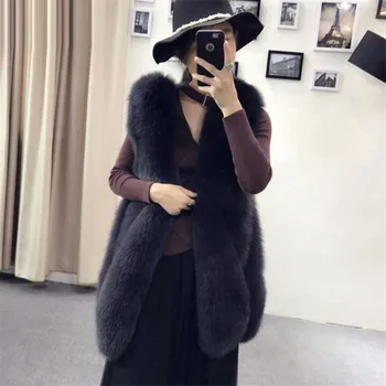 

Fox fur faux fur 2018 new big drop fur vest women's long slim Slim coat color Black / Natural / Light gray / Pink / Gray