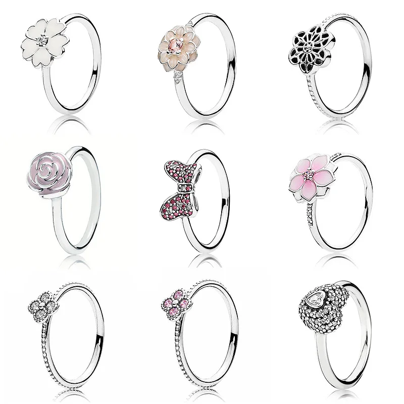 

Sparkling Bow Magnolia Bloom Pink Ring With Crystal 925 Sterling Silver Ring For Women Wedding Europe DIY Jewelry