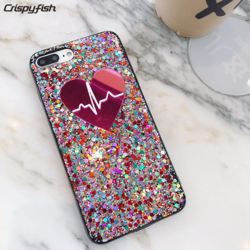 

Crispyfish Lovely Heart Silver Glitter Sparkly Phone Matte Case For iPhone 6 6s plus Soft TPU Case Cover For iphone 7 8 X