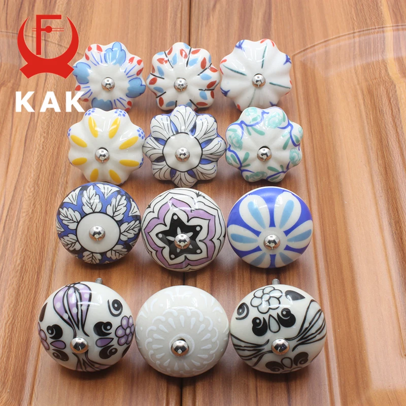 KAK 40mm Hand-painted Ceramic Drawer Knobs Porcelain Rural Cabinet Knob Cupboard Handles Mediterranean Furniture Handle Hardware