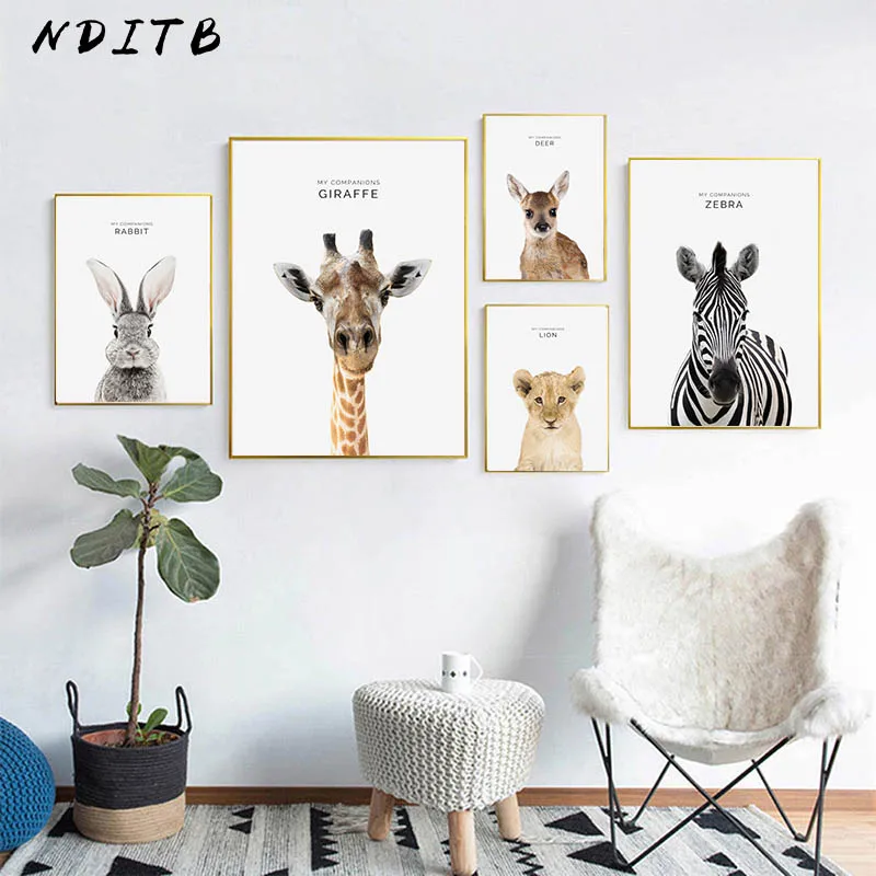 

NDITB Lion Rabbit Zebra Baby Animal Wall Art Canvas Painting Nursery Posters and Prints Picture Nordic Kids Bedroom Decoration