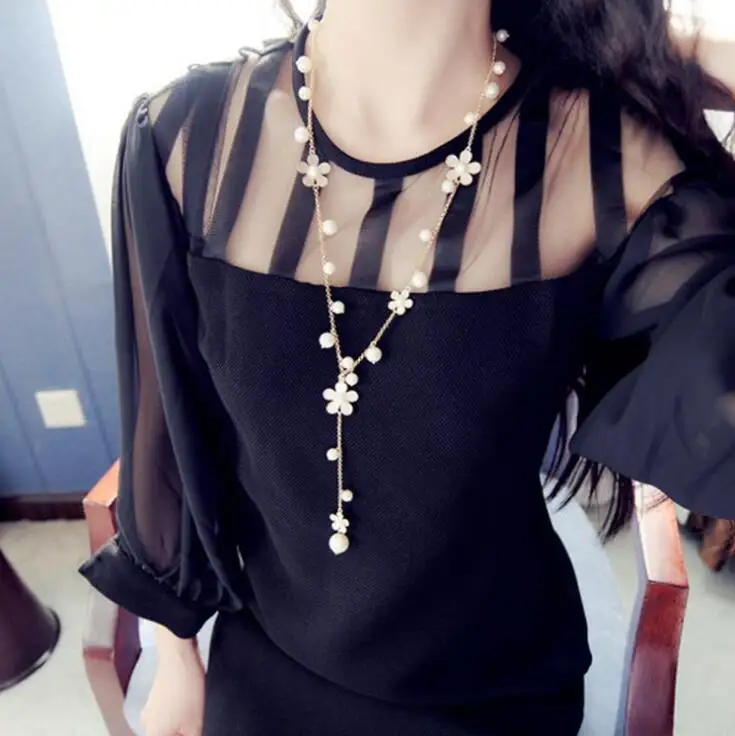 

New Fashion Pearls Rhinestone Five Leaf Clovers Chain Necklace Women Long Sweater Chain choker for Women Girl Gift